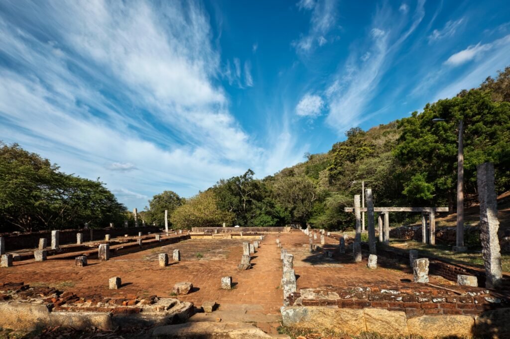 Column ruins and basement at Mahaseya Dagoba Buddhist monastery. Mihintale, Sri Lanka